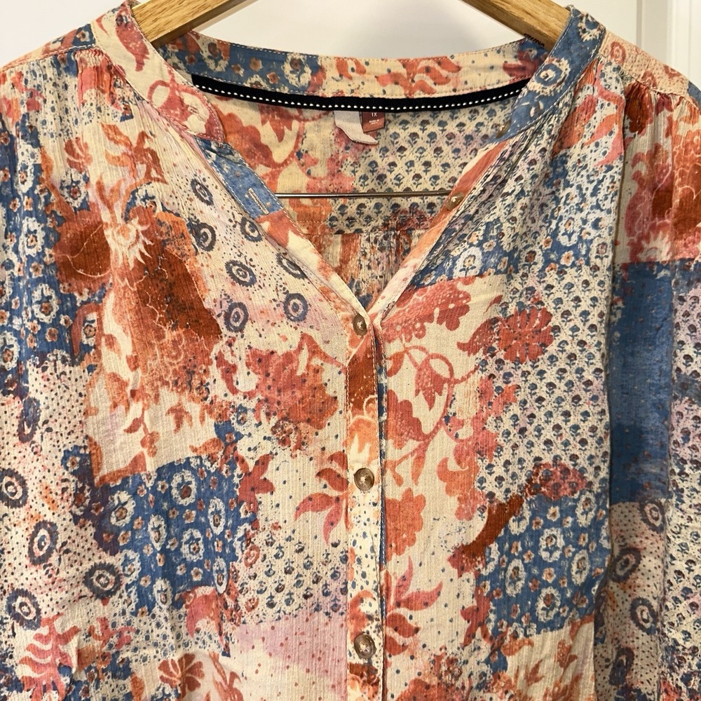 Anthropologie Patchwork Floral Button-Down Blouse in Blue, Rust, Cream - Picture 5 of 9